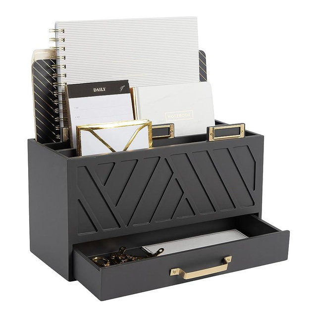 Three-Tiered Grey Desktop Mail Organizer featuring Gold Label Holders and a Drawer - Stay Organized and Stylish with a Convenient Mail Holder Countertop Document Storage - Home or Office by Blu Monaco