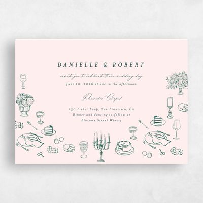 Dark Emerald, Beige Wedding Invitation - Elodie Landscape
