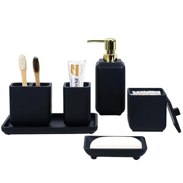 JDHEXY Matte Black Bathroom Accessories Set,6 Pcs Bathroom Accessory Set,Bathroom Soap Dispenser and Toothbrush Holder Set,Toothbrush Organizer,Qtip Holder,Vanity Tray,Soap Dish,Bathroom Counter Set