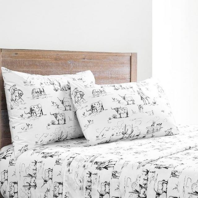 Paseo Road by HiEnd Accents Ranch Life Western Bedding 4 Piece King Sheet Set, Black White Cow Cowboy Longhorn Horse Rodeo Print Cotton Rustic Bedding, 1 Flat Sheet, 1 Fitted Sheet, 2 Pillowcases