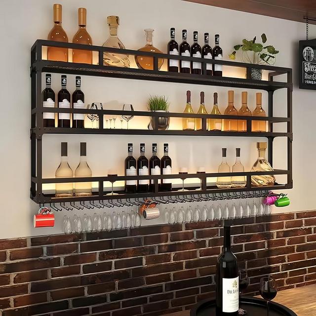 PIKYsailed 39/59/71 Inch Wine Rack Wall Mounted with LED Light 3-Tier Liquor Bottle Display Shelf Metal Wine Rack Hang Mugs and Wine Glasses for Home Restaurant Bars (Black, 59)