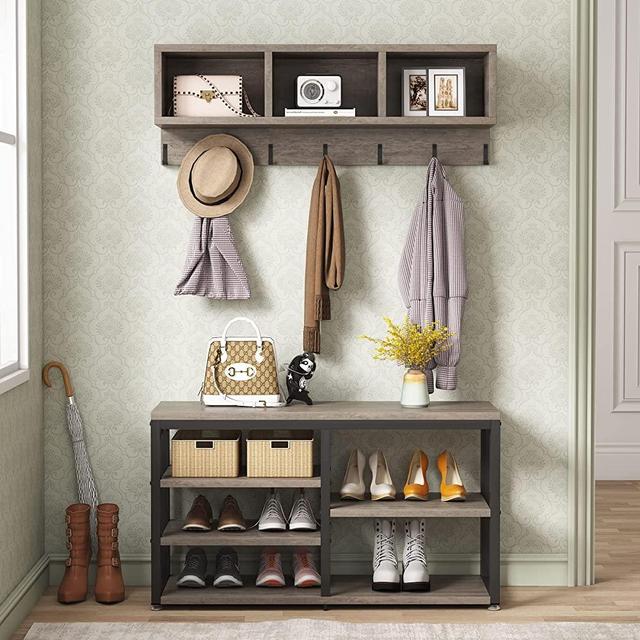 Tribesigns Coat Rack Shoe Bench Set, Hall Tree with Shoe Bench, Industrial Shoe Rack Bench with Coat Rack, 3 Storage Cubbies, 7 Hooks for Entryway, Hallway, 5-in-1Design, Vintage Grey