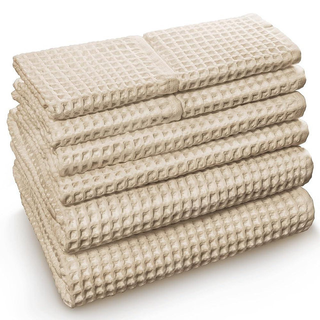 Softerry European Waffle Weave Bath Towel Set - 100% Organic Cotton - Quick Dry Lint Free Thin and Absorbent - Fade Resistant - Eco-Friendly (Set of 8, Natural)