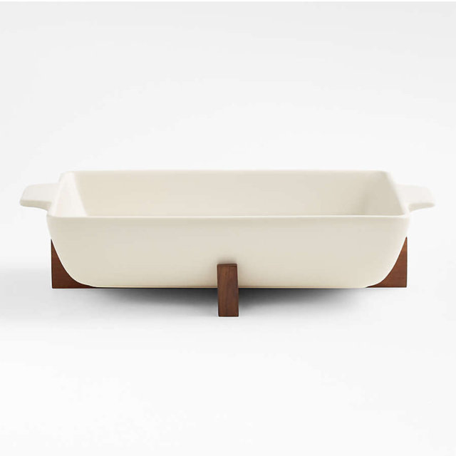 Oven-to-Table Rectangular Baking Dish with Dark Wood Trivet