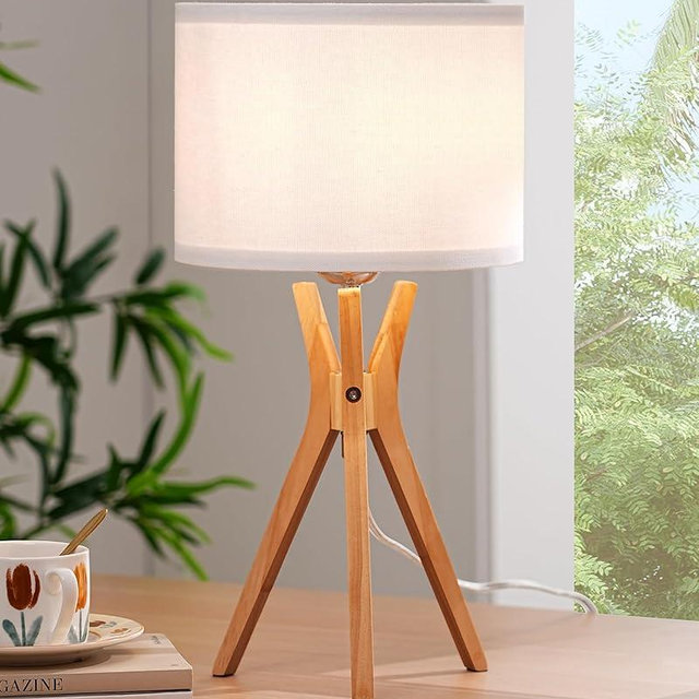EDISHINE Modern Tripod Table Lamp, 17.5" Bedside Lamp with Natural Wood Light Legs & White Linen Lampshade, Nightstand Lamp for Bedroom, Living Room, Reading Room, E26 Base