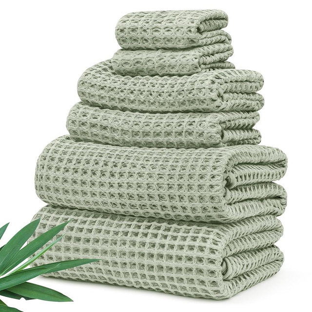 Alusa Home Ultra Soft Viscose from Bamboo Waffle Towels - Lightweight Bath Towel Set of 6 - Compact, Quick Dry & Lint Free (Eucalyptus Green)