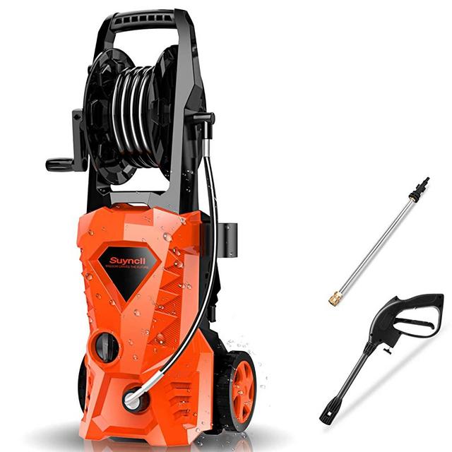 Suyncll Pressure Washer 3000PSI Electric Power Washer with Hose Reel and Brush,High Pressure Washer for Driveway Fence Patio Deck Cleaning (Orange)