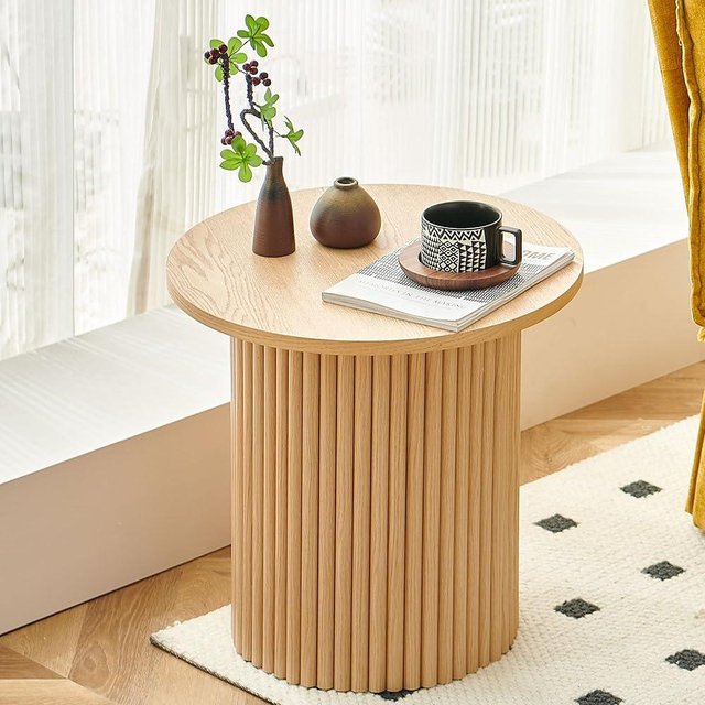 Homedot Small Round Accent Side Table with Wood Strip Base for Living Room, 19.69" Cicle End Table Engineered Wood Desktop Solid Oak Wood Veneer Furnish, Modern Nightstand Table for Bedroom