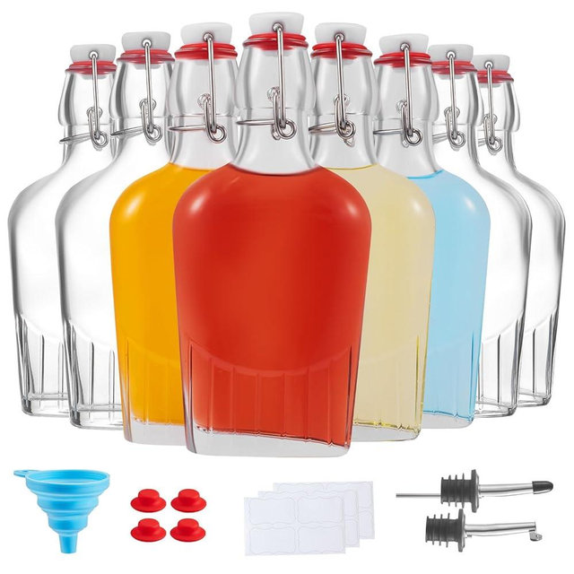 keigocare 8oz 8pcs Square Beer Bottle,Swing Top Glass Kombucha Bottles with Stoppers for Brewing, Beverages, Smoothies, Kefir, Beer, Soda, Juicing, Kombucha, Oil, Water, Milk, Vinegar