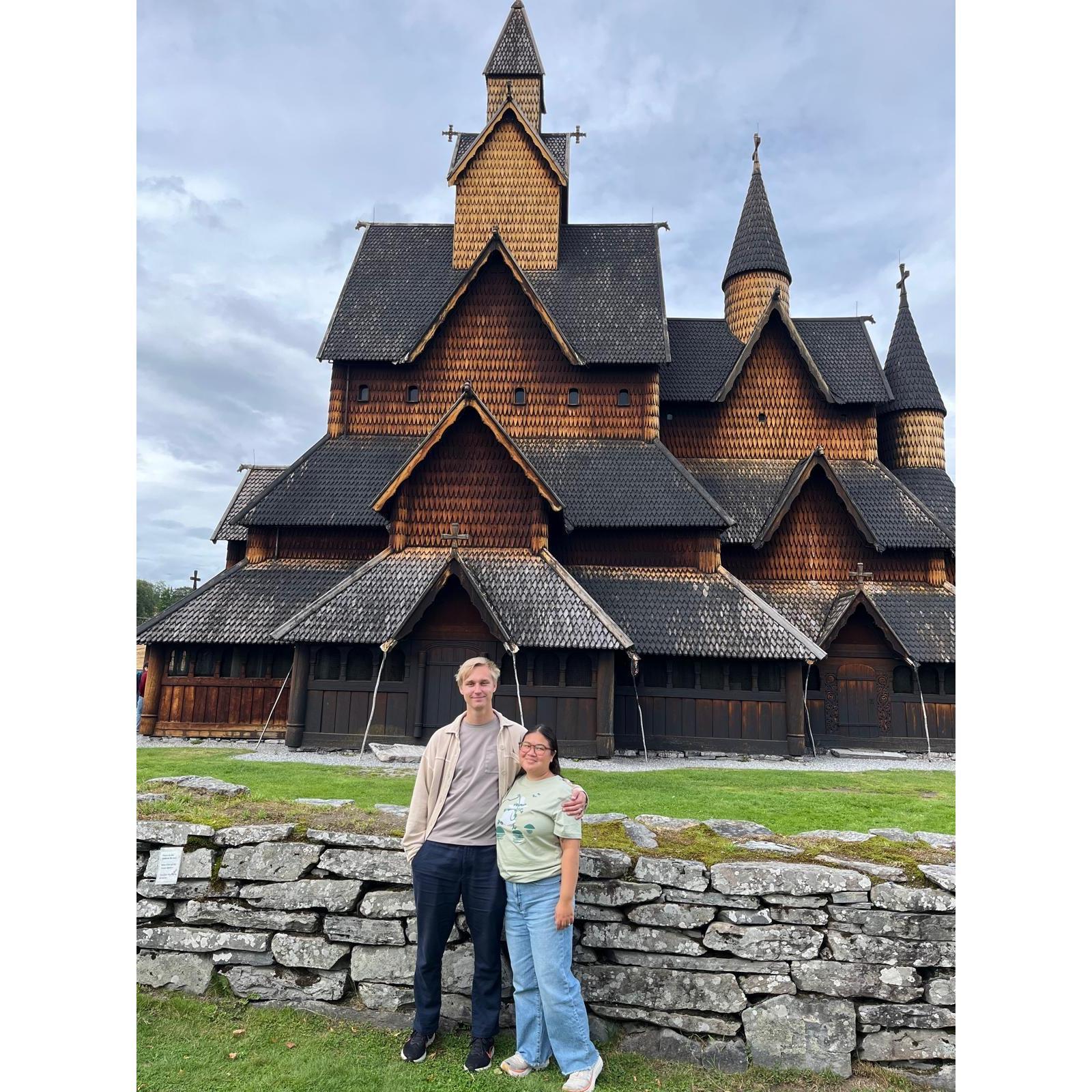 Us visiting a stave church in Heddal Norway. Close to Marius' hometown Bø. August 2024