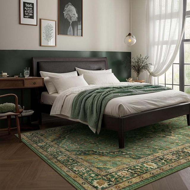 Green Rug 5x8 Area Rugs for Bedroom Washable Rugs Boho Vintage 5x8 Rug for Living Room Carpet Non-Slip Family & Pet Friendly Area Rugs Print Floor Rug(Border Green)