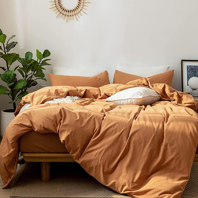 MooMee Bedding Duvet Cover Set 100% Washed Cotton Linen Like Textured Breathable Durable Soft Comfy (Burnt Orange, King)
