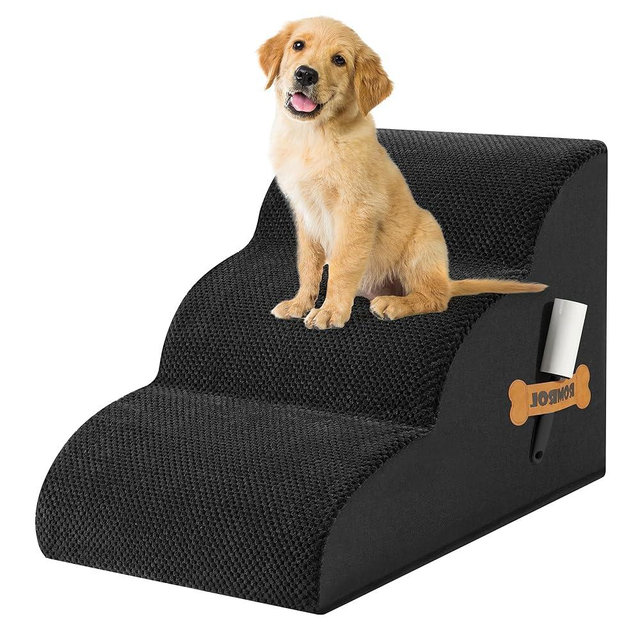 Romrol Dog Stairs Ramp for Beds Couches, Extra Wide Pet Steps with Durable Non-Slip Waterproof Fabric Cover, Pets Slope Stairs, 3-Tiers,Black