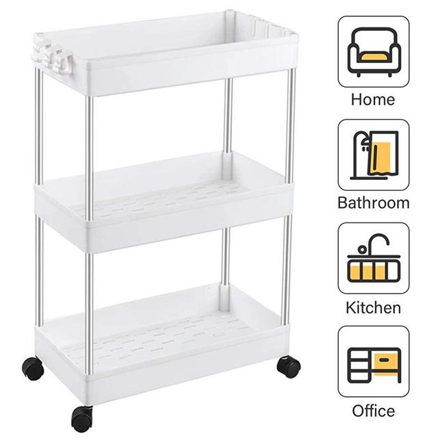 SPACEKEEPER 3-Tier Slide Out Storage Cart Rolling Utility Cart Storage Shelf Rack Mobile Storage Organizer Shelving for Office, Kitchen, Bedroom, Bathroom, Laundry Room & Dressers, White