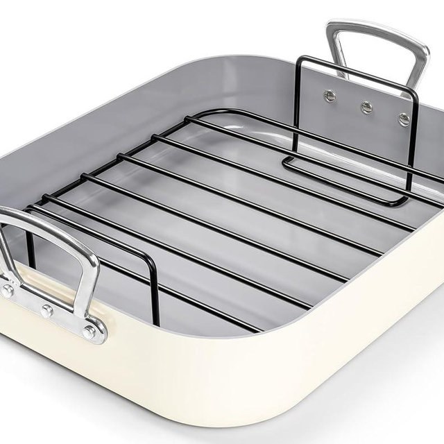 MICHELANGELO Ceramic Roasting Pan with Rack, Turkey Roasting Pan with Nonstick Ceramic Coating, Deep Turkey Roaster Pan, 15 Inch x 13 Inch - Beige