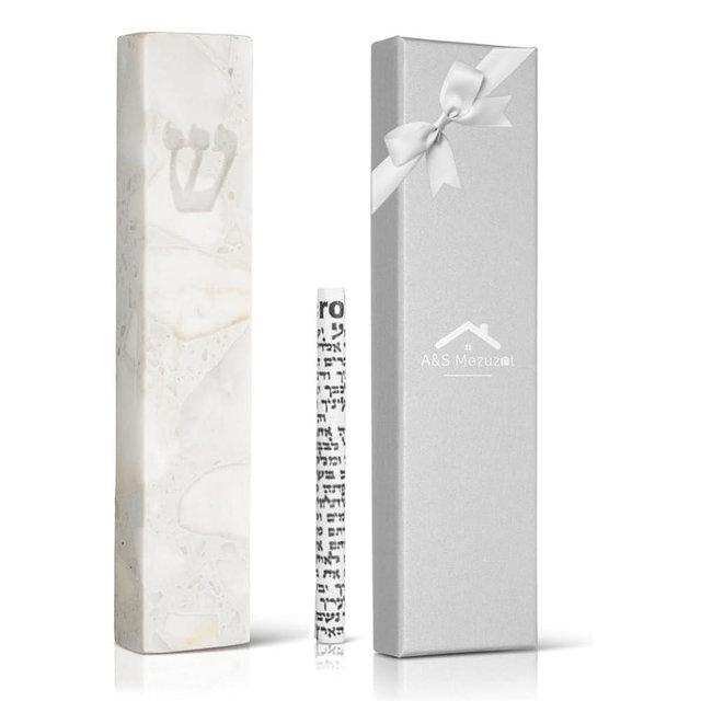 A&S Mezuzot Quartz Mezuzah Case with Engraved Shin Design Easy Peel and Stick Judaica Door Mezuza (Terrazzo Marble, 6 Inches)
