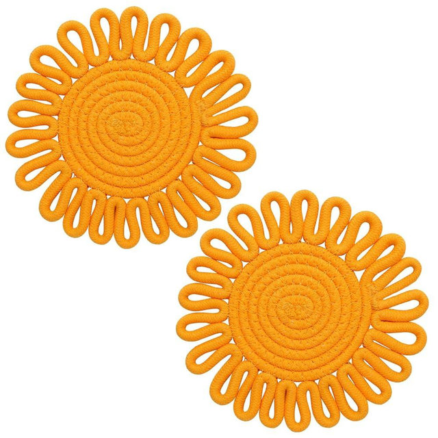7.2 Inch Cotton Trivets for Hot Dishes, 2 Pack Sunflower Trivet Set for Hot Pots and Pans, Heat Resistant Pot Holders for Kitchen, Cute Farmhouse Kitchen Decor and Accessories(Yellow)