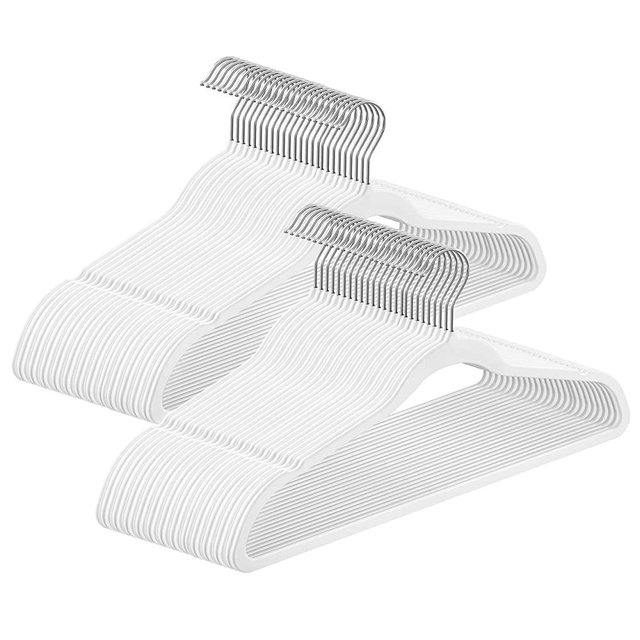 SONGMICS Rubber-Coated Plastic Hangers, 50 Pack Non-Slip Coat Hangers, Space-Saving Slim Clothes Hangers, 360 Degree Swivel Hooks, Shoulder Notches, White UCRP008W05