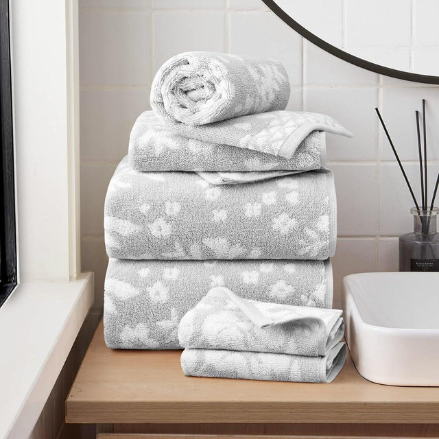 Lucky Brand Folk Floral 6 Piece Bath Towel Set - (2) Bath Towels, (2) Hand Towels, and (2) Washcloths - Glacier Grey Premium Bathroom Towel Set