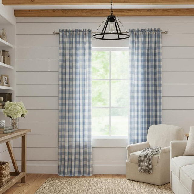 Bapawfish 90 Inches Long Buffalo Plaid Semi Sheer Curtains,Beige-Dusty Blue Farmhouse Drapes for Living Room Bedroom,Retro Gingham Rod Pocket Window Treatment,40" Wx90 L,2 Panels,Beige-Dsuty Blue