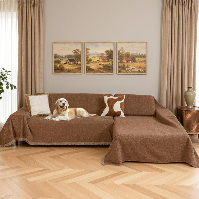 MYSKY HOME Sectional Slipcover Furniture Protector, Couch Cover for Sectional Sofa — 2 Pieces Sofa Cover for L Shape Sofa for Pet, Kid, Blanket for 3-4 Cushion Couch (71"x118"+91"x134", Camel)