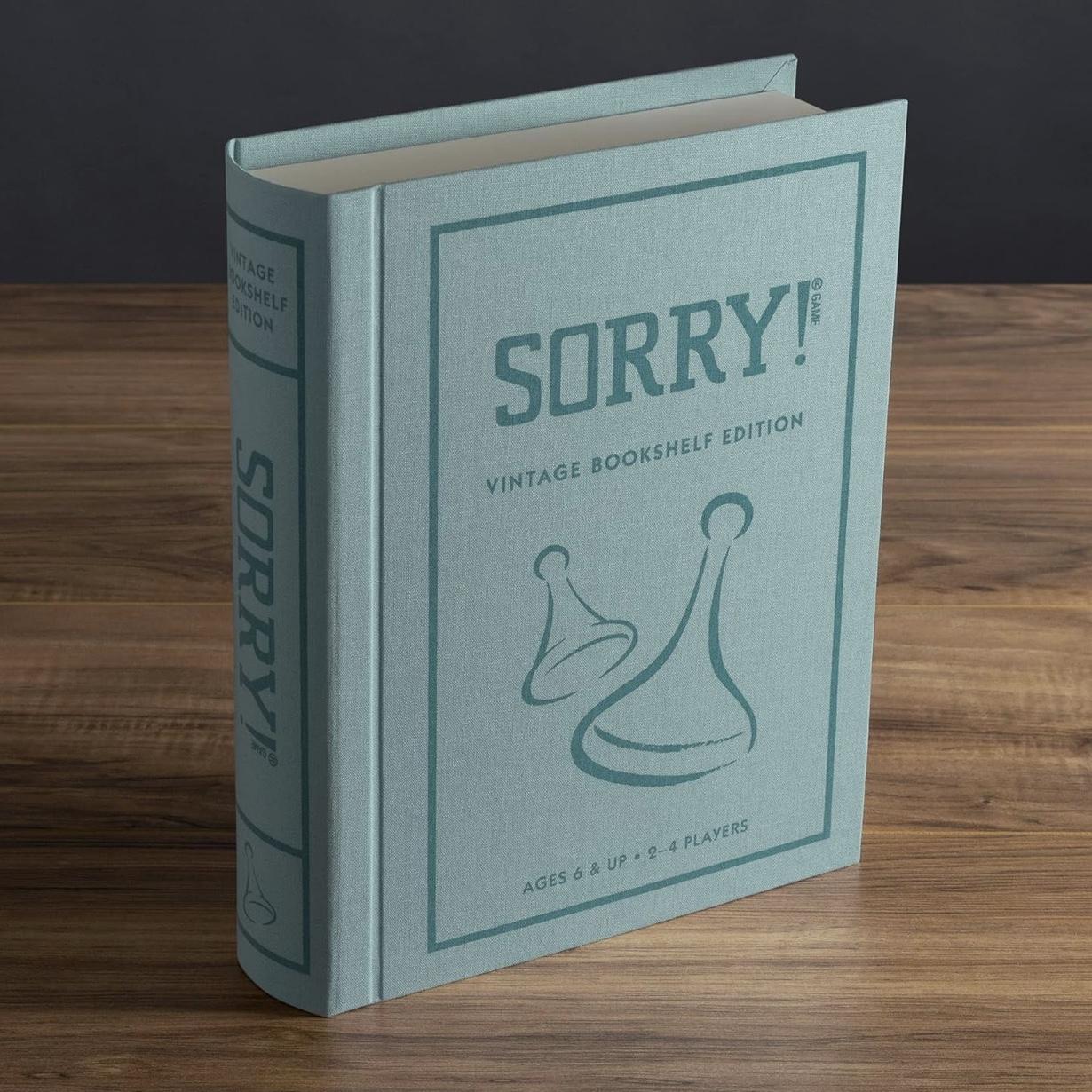 Sorry! Vintage Bookshelf Edition by WS Game Company - Classic Sorry Board Games Retro 1958 Design - Linen-Wrapped Book Case, Wooden Pawns & Full-Size Folding Board, Ages 6+, Suitable for 2-4 Players