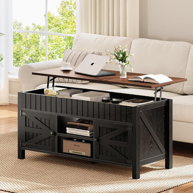 Curlaky 47.3" Lift Top Coffee Table with Storage - Black Coffee Tables for Living Room, Farmhouse Wood Center Table, Large Rectangle Middle Tables with Hidden Compartment & Adjustable Shelf