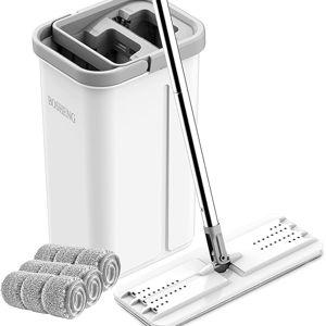Mop and Bucket with Wringer Set, Hands Free Flat Floor Mop and Bucket, 3 Washable Microfiber Pads Included, Wet and Dry Use, Home Floor Cleaning System for All Floor Types and Windows