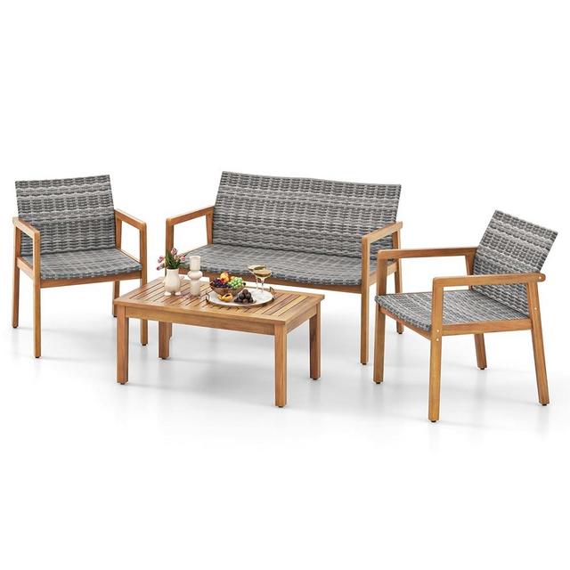 Tangkula 4 Pieces Outdoor Furniture Set, Acacia Wood Frame Sofa Set w/Rattan Seat & Back, Patio Conversation Set w/Coffee Table for Balcony, Poolside, Backyard (Mix Gray)