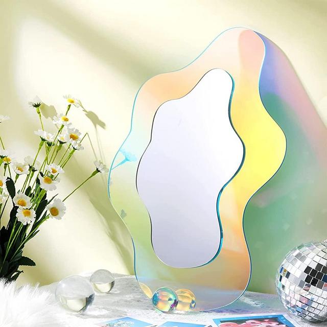 Wavy Acrylic Mirror Rainbow Irregular Aesthetic Vanity Mirror Wavy Mirror Frameless Amorphic Mirror Retro Mirror for Living Room Bedroom Bathroom Entryway Wall Decor(Vivid Style,14.2 x 9.8 Inch)