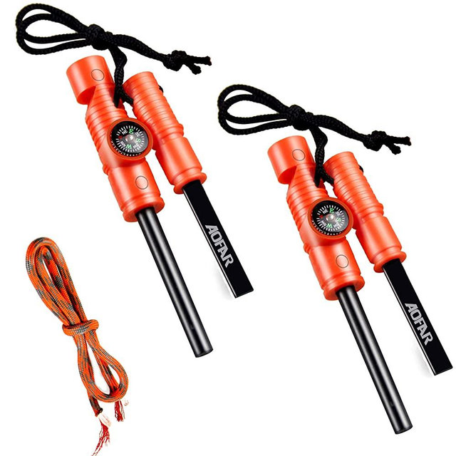 AOFAR Fire Starter AF-381 Fire Steel 5-in-1 for Camping, Hiking, Hunting, Backpacking, Boating, Outdoor Magnesium Survival Rod with Fire Paracord, Compass and Whistle, Waterproof (2-Pack)