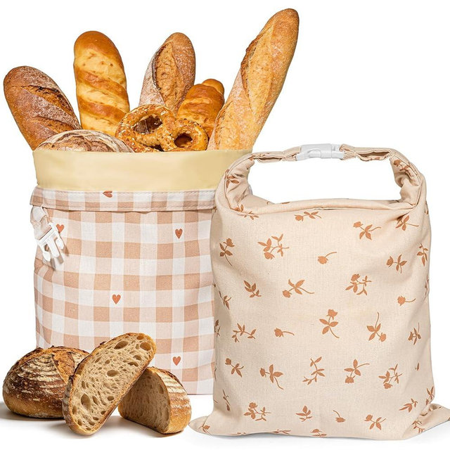 Beeswax Bread Bags for Sourdough, 2 pcs Reusable Beeswax Bread Bags for Homemade Sourdough, XL Cotton and Linen Food Storage Bag for Picnics, Pantry, Long-Lasting Freshness (Rose+Checkered Pattern)