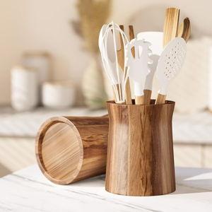 7.2" Utensil Holder for Kitchen Counter Large Round Utensils Holder with Wooden Base Matte Black Cooking Utensil Holder，Kitchen Countertop Utensil Organizer (Wooden)