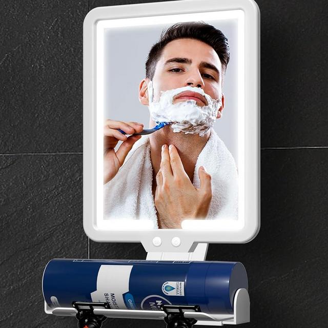 Lighted Shower Mirror Fogless for Shaving, Heated Fog Free Large 9.5*8inch 3 Color Modes Dimming Shower Shaving Mirror with Light, Rechargeable Anti-Fog Shower Mirror with Storage Tray & Razor Holders