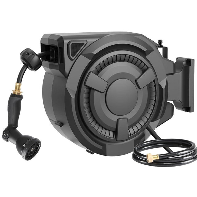 wikiwiki Retractable Garden Hose Reel 5/8 in x 100 ft, Heavy Duty Wall Mounted Hose Reel with 10- Function Sprayer Nozzle, Automatic Slow Return System/180°Swivel Bracket/UV Resistant (Black)