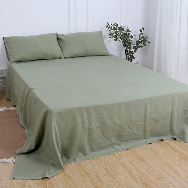 Simple&Opulence 100% Stone Washed Linen Solid Flat Sheet 1 Piece,Breathable and Soft (Basic Sage Green, King)