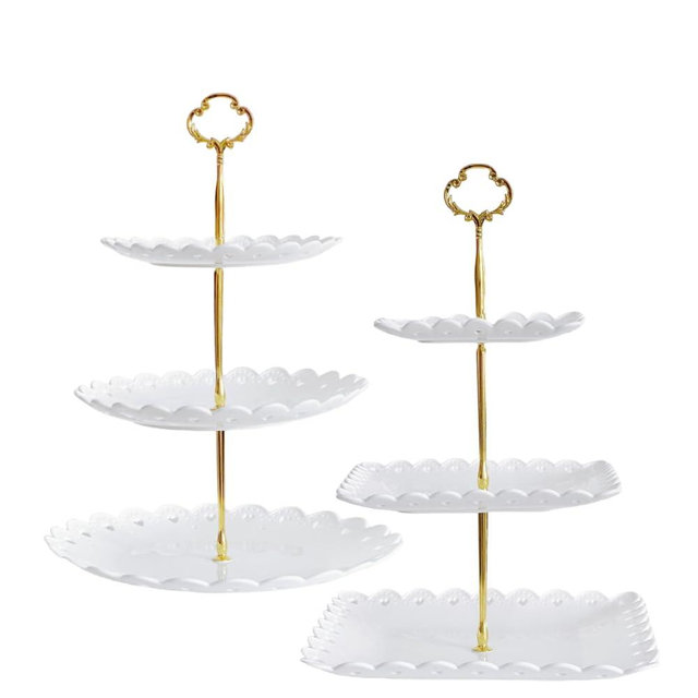 RAUVOLFIA 2 Pack of Large Round & Square Dessert Cupcake Stand, 3 Tier Cup Cake Holder Tower for Tea Party/Birthday/Wedding, Plastic Tiered Serving Tray (White)