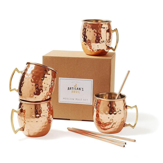 Artisan's Anvil Moscow Mule Mugs with Straws, Comfortable Brass Handle, Stainless Steel Made, Original Hammered Shape, Copper Plated, Set of 4