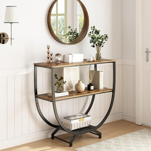 GILLAS 3 Tier Console Tables, 30" Height Entryway Table, Sofa Table Behind Couch Table, Industrial Entryway Furniture Entry Way Table with Storage for Living Room, Hallway, Entrance, Rustic Brown