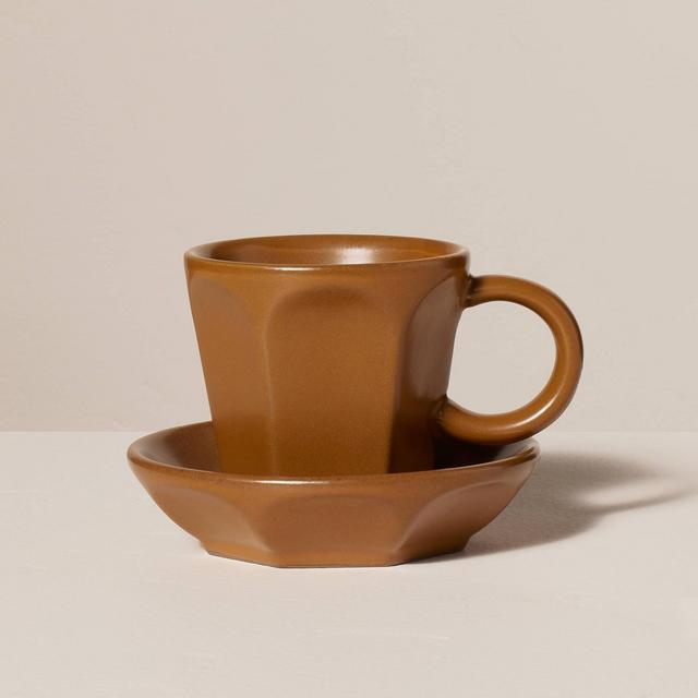 3.5oz Fluted Stoneware Espresso Cup & Saucer Light Brown - Hearth & Hand™ with Magnolia