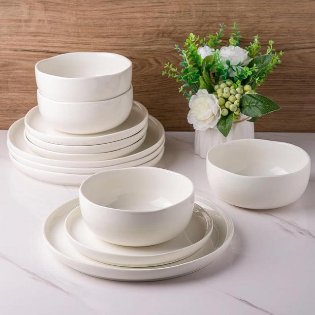 LERATIO Ceramic Dinnerware Sets,Handcraft Wavy Rim Stoneware Plates and Bowls Sets,Highly Chip and Crack Resistant | Dishwasher & Microwave & Oven Safe Dishes set,Service for 4 (12pc)-White