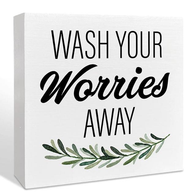 Farmhouse Bathroom Wooden Box Sign, Wash Your Worries Away, Funny Bathroom Laundry Room Desk Decor, Inspirational Restroom Guest Bathroom Decoration, Funny Toilet Washroom Plaque Sign Decor