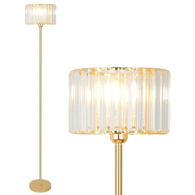 HMVPL Gold Floor Lamp for Living Room, Modern Floor Lamp with K9 Crystal Shade, Brass Standing Lamp with On/Off Switch,Mid Century Tall Lamp Crystal Pole Lamp for Bedroom Corner Office Nursery Reading