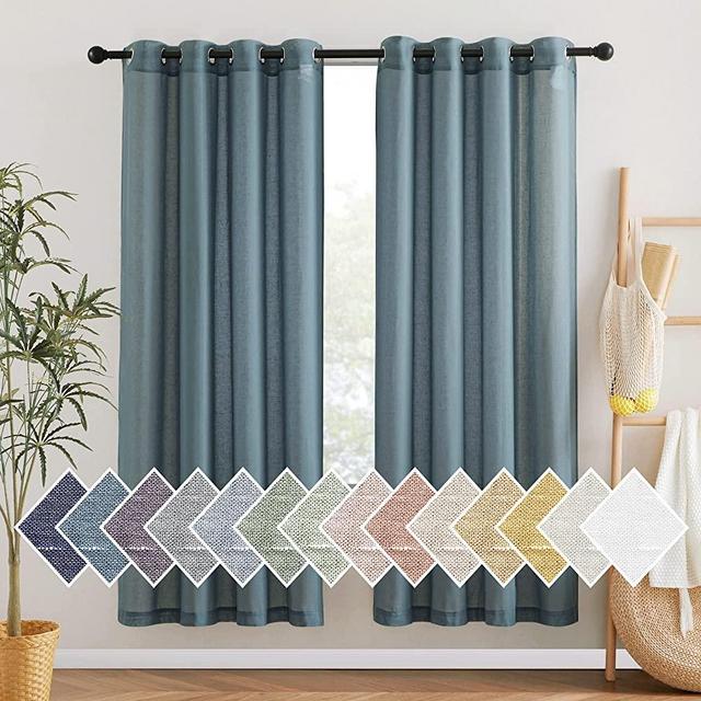 NICETOWN Linen Smoke Blue Curtains 72 inch Length 2 Panels, Grommet Semi Sheer Privacy with Light Filtering Linen Blend Window Drapes for Farmhouse/Bedroom, W52 x L72, 2 Panels