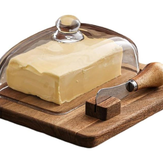 Acacia Wood Butter Dish with Knife and Glass Cover for Cheese, Butter, Cake, Dessert Serving Tray Elegant Kitchenware (1 knife)