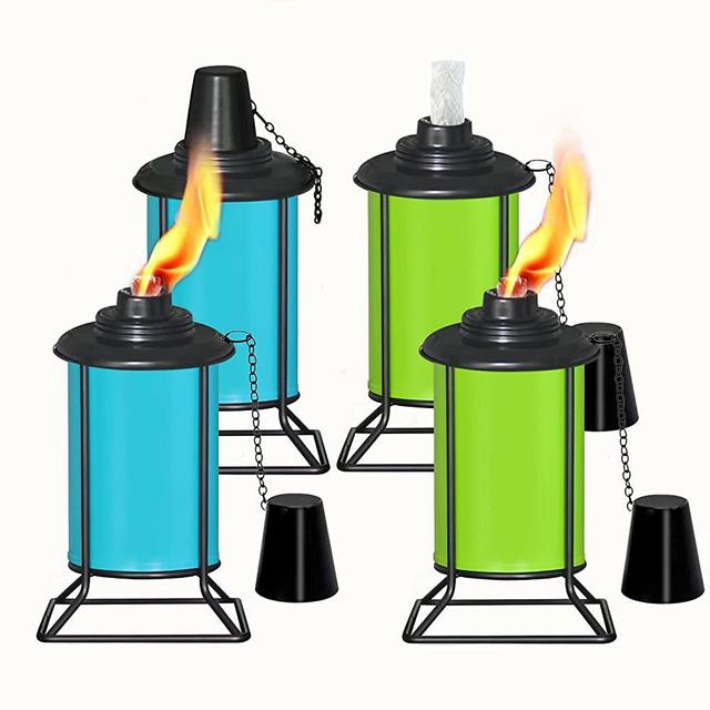 BoShahai 4 Pack Metal Tabletop Torches, Outdoor Citronella Torches with Fiberglass Wicks & Covers, Multi-Color Refillable Torches for Yard, Patio, Deck or Garden, Blue & Green