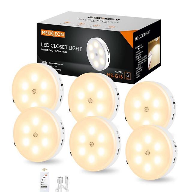 Puck Lights with Remote Control,1000mAh rechargeable under cabinet lighting,LED Closet Lights,3Pack Tap Light,Cordless Stick On Lights for Under Cabinet,Hallway, Stairway,Closet (Warm White-6PCS)