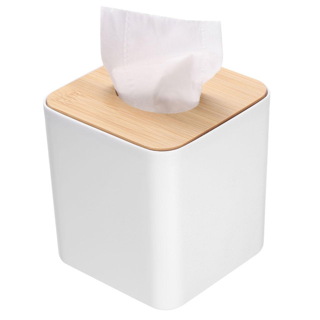 Unique Bargains Square Holder Tissue Cube Box Cover with Bamboo Lid 1 Pc White 5.1 x 5.1 x 5.5 inch