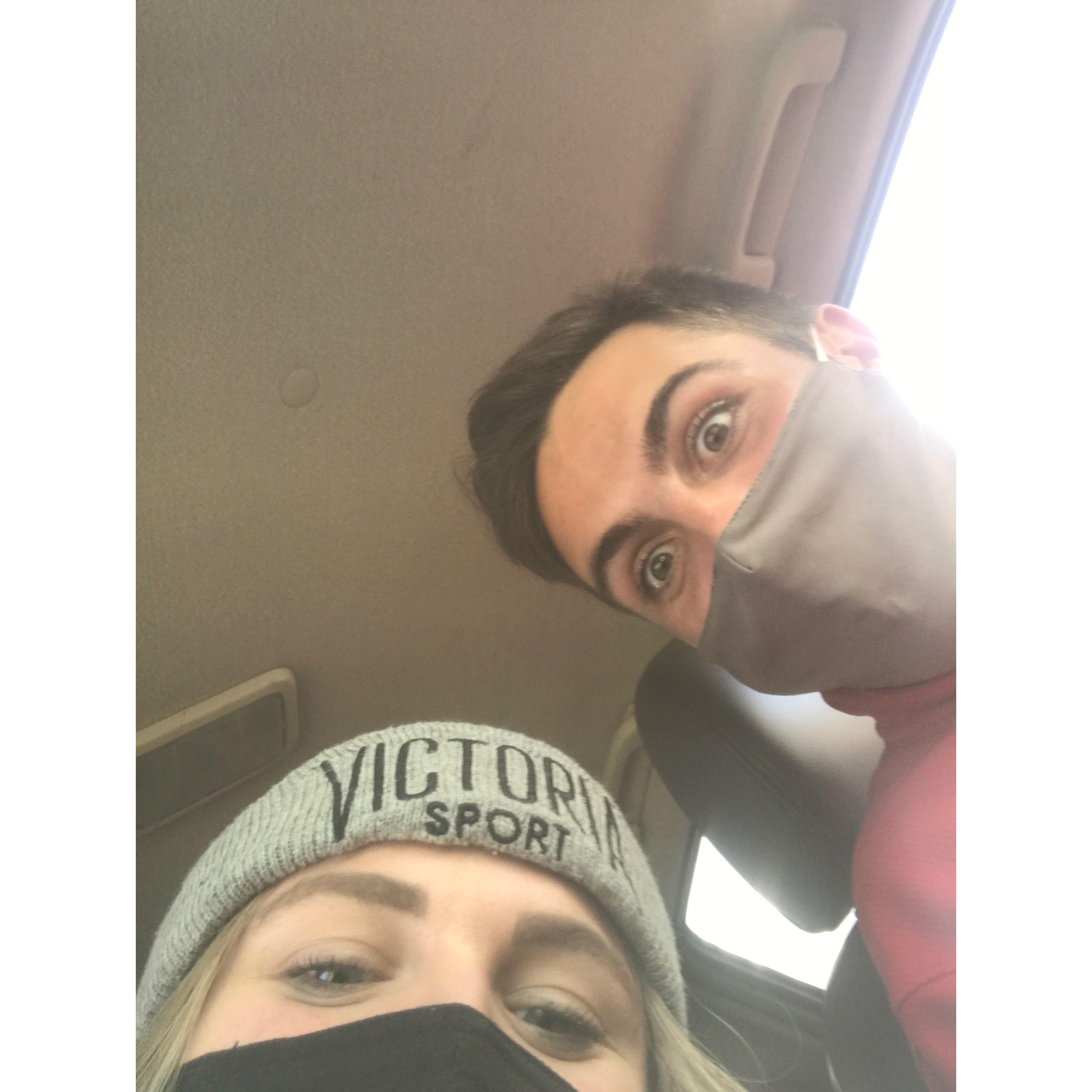 The first photo we ever took together... waiting in line to get COVID tests in the Autzen Stadium parking lot. Ah.... romance.