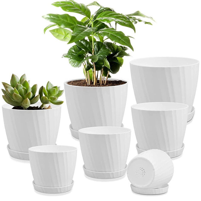 YNNICO Plant Pots Indoor 7.5/7/6.5/6/5.5/4.5/3.5 Inch Watering Planters with Drainage Holes and Saucers, Plastic Flower Pots, Nursery Planting Pot for Indoor Plants